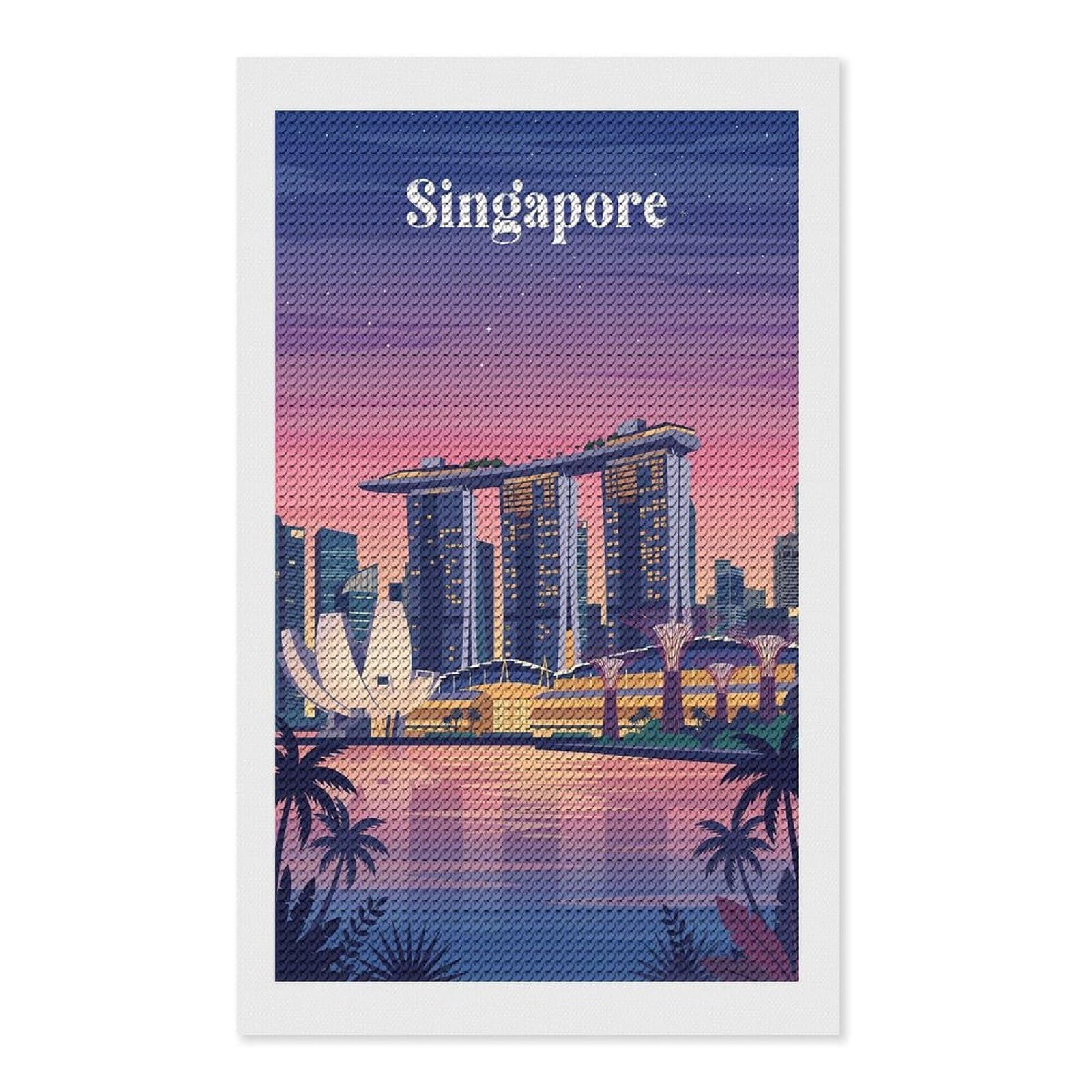 Junmoney Singapore Marina Bay Sands Crystal Diamond Art Kit 12"x20", Round Gems, Detailed Printed Canvas, Creative Gift Idea, Vintage Style Decor