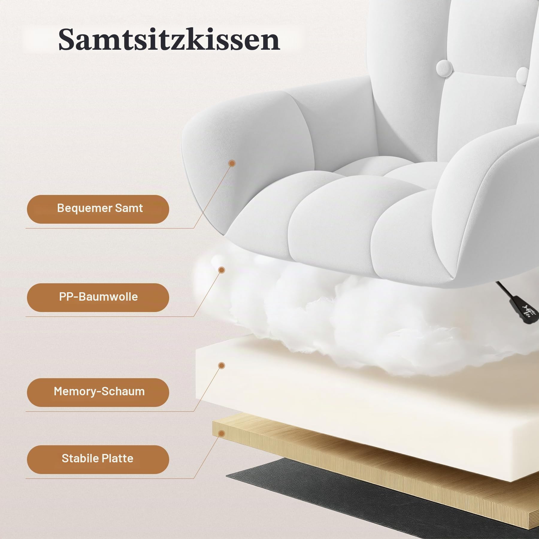 Homeoffice & Schminkstuhl 2-in-1 Ergonomischer Samt Drehstuhl 360°, Höhenverstellbar für Arbeitszimmer Schlafzimmer Weiß | Höhenverstellbar,360°Drehfunktion, bis 150kg,Samtbezug,Homeoffice Stuhl,Schminktischstuhl, Schlafzimmer,Arbeitszimmer