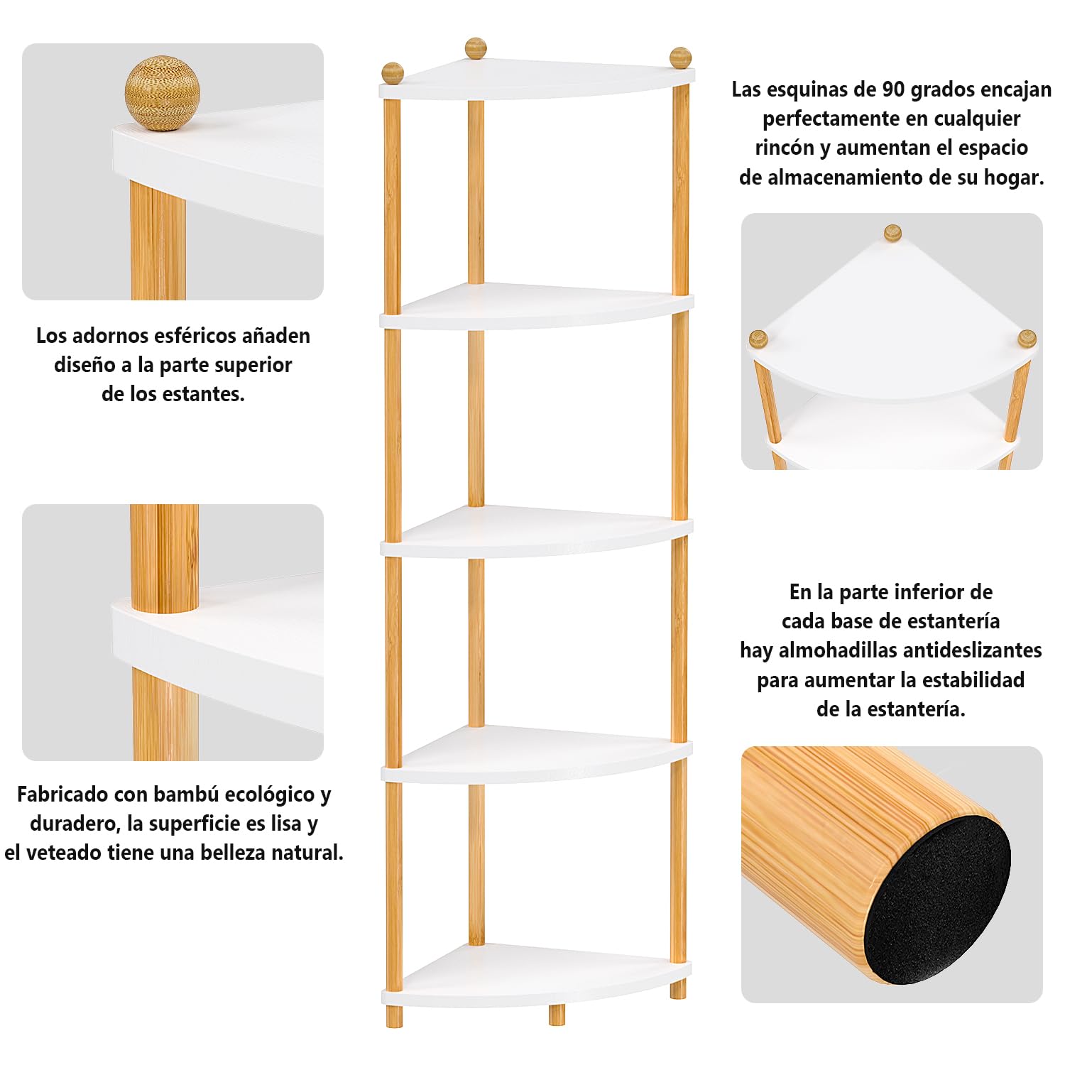 EstanterÍa de Esquina de 5 Estantes, Estanteria Esquinera de Madera, Estante Abierto para Cocina Sala de Estar Dormitorio Espacios pequeños Pasillo Oficina