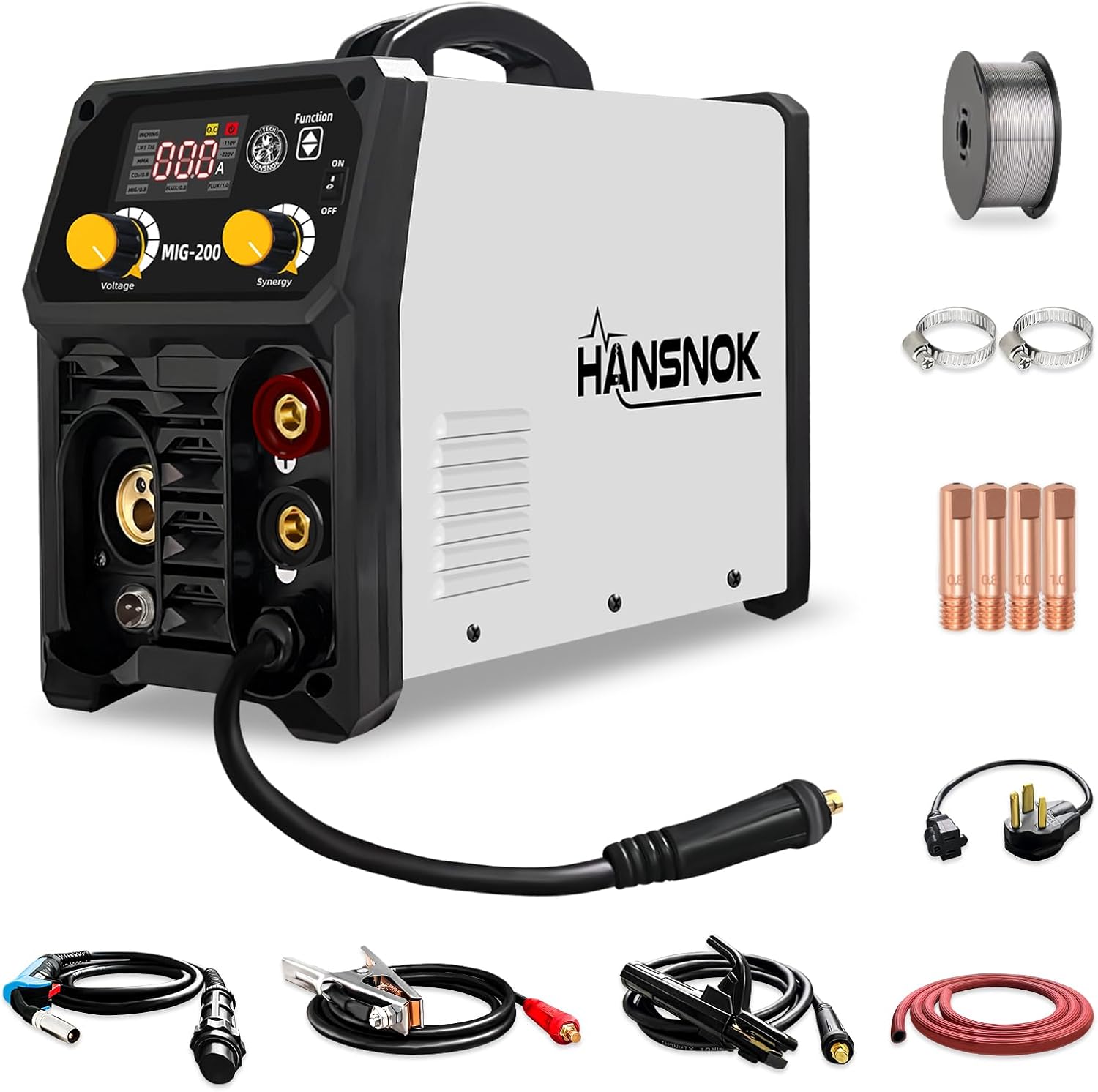 HANSNOK 200A MIG Welder Machine,4 in 1 Welding Machine Gas MIG/Flux Core MIG/Lift TIG/Stick 110V/220V Dual Voltage multiprocess Portable Welder Machine with Synergy, IGBT Inverter HD LED Display