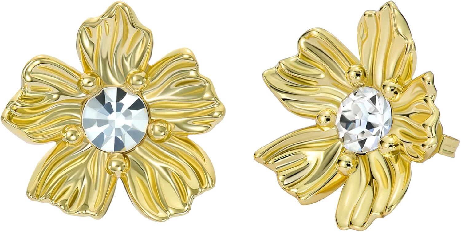 Ted Baker London Petulia Flower Statement Crystal Stud Earrings for Women (Gold/Crystal)