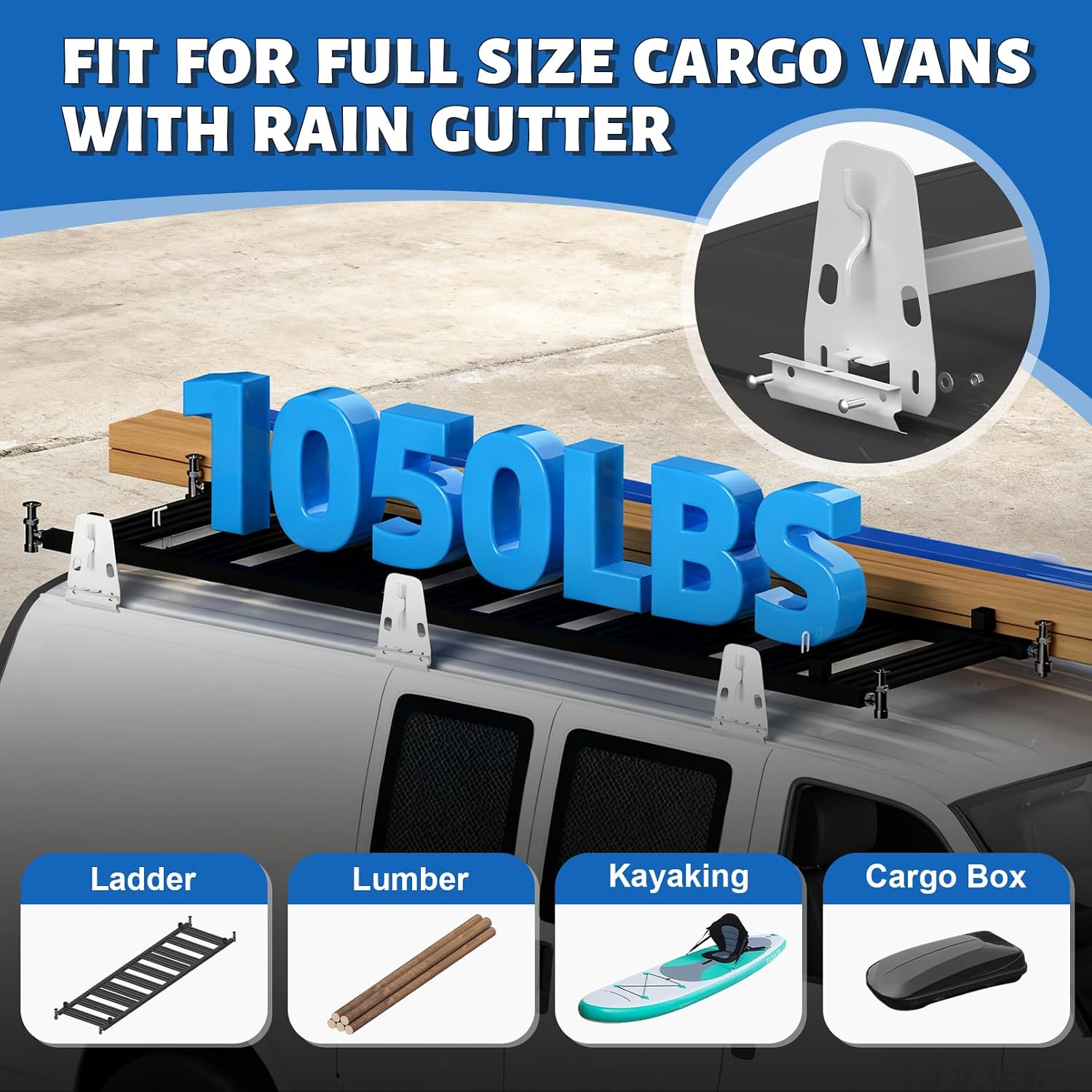 Universal Van Ladder Roof Racks, Adjustable Length 48''-67'', Van Roof Ladder Rack for Chevy Express 1500 2500 3500 Ford Econoline GMC Savana Cargo Vans with Rain Gutter