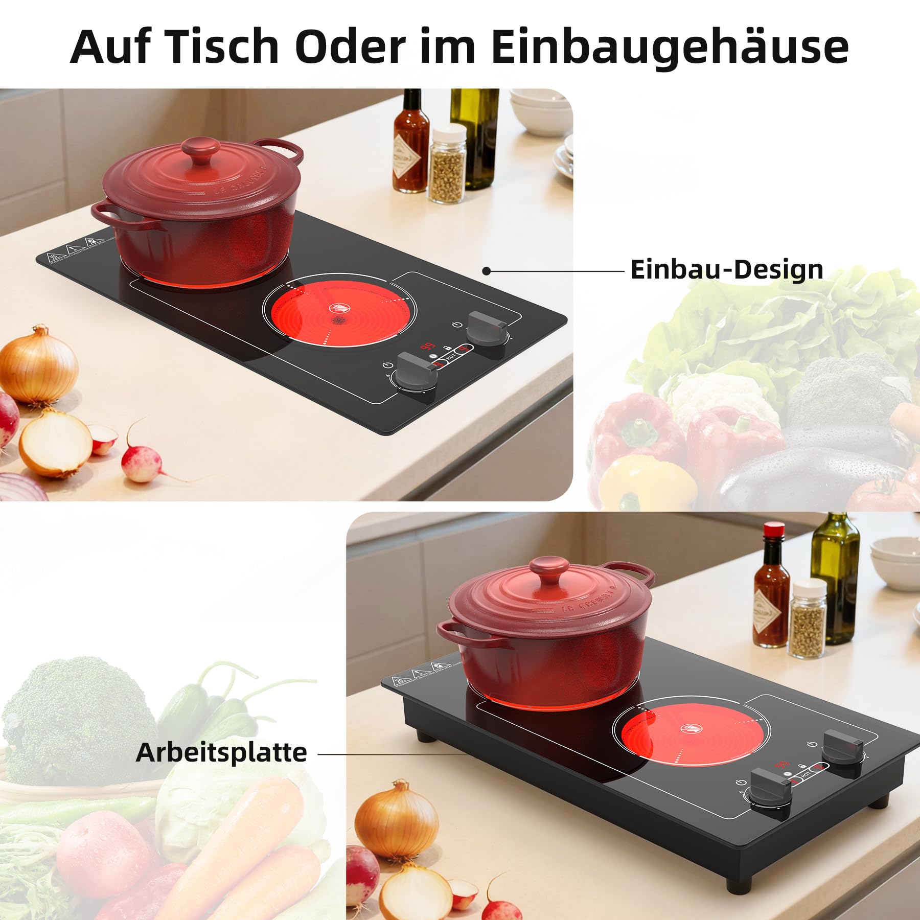 VBGK Cerankochfeld 2 Platten mit Stecker, 220V 3000W Glaskeramikkochfeld, 9 Leistungsstufen, Kindersicherung & Timer, Überhitzungsschutz, Drehknopf und Touch-Bedienung, Herdplatte 2 Kochfelder