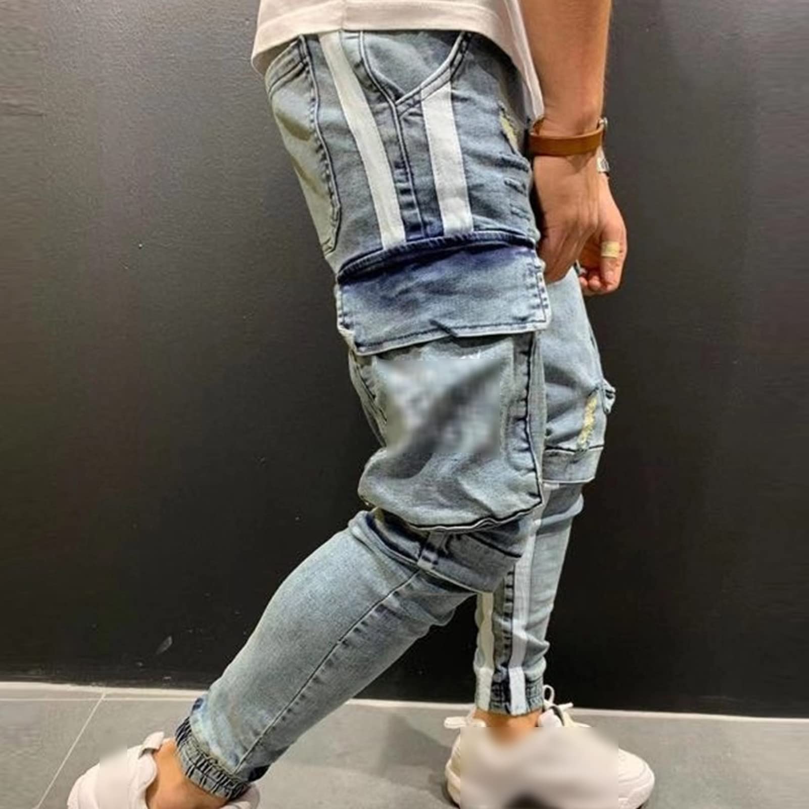 Maiyifu-GJ Men's Multi Pockets Ripped Jeans Destroyed Skinny Denim Pencil Pants Side Stripe Slim Jean Trousers with Holes (Light Blue,X-Large)