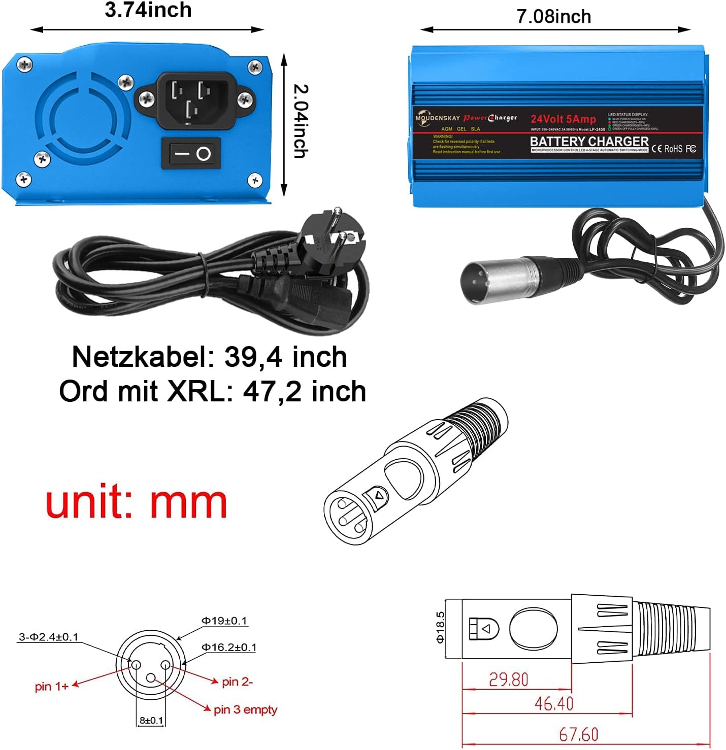 MOUDENSKAY 24V 5A Battery Charger with a close-up of the integrated fan.