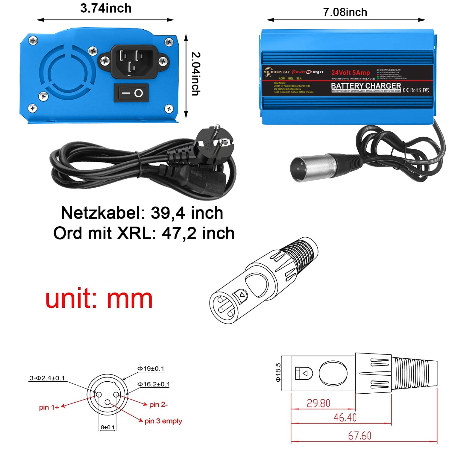 24V 5Amp Smart Automatic Battery Charger,24V Batterieladegerät Automotive Mit XLR-Anschluss für Roller Rollstuhl Auto Motorrad Erhaltungsladegerät Batteriehalter Mit dem Schalter