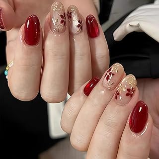 30 Stück Cat Eye Künstliche Fingernägel - Rot Glitzer Kunstnägel Zum Aufkleben Oval - Mittel Kurz Press on Nails mit Goldblätter und Rot Blüten - Vollabdeckung Künstliche Nägel für Frauen(Red Flower)