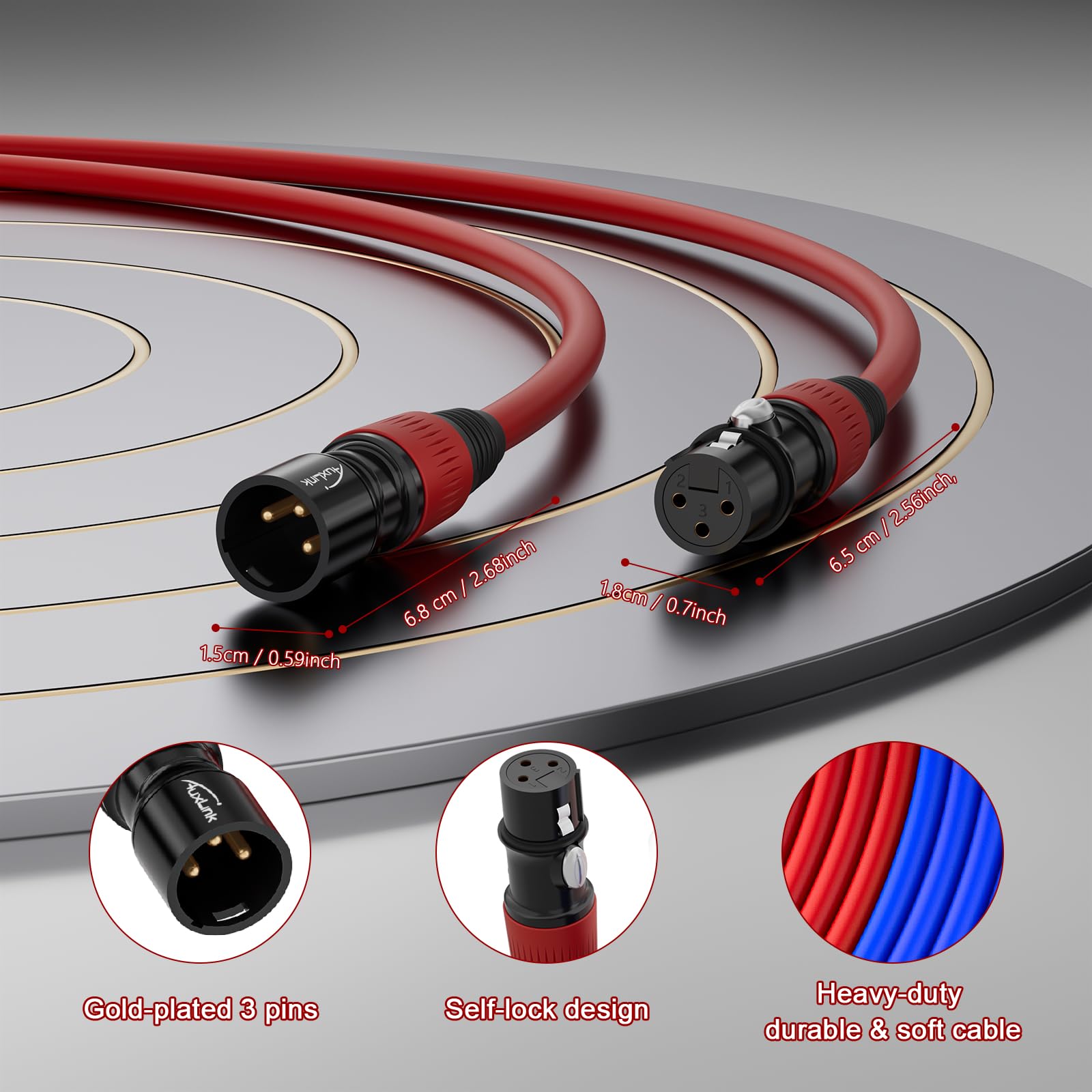 XLR-Kabel, XLR-Stecker auf Buchse, 3 m, vergoldetes 3-poliges Mikrofonkabel, farbcodiertes Kabel, 2 Stück