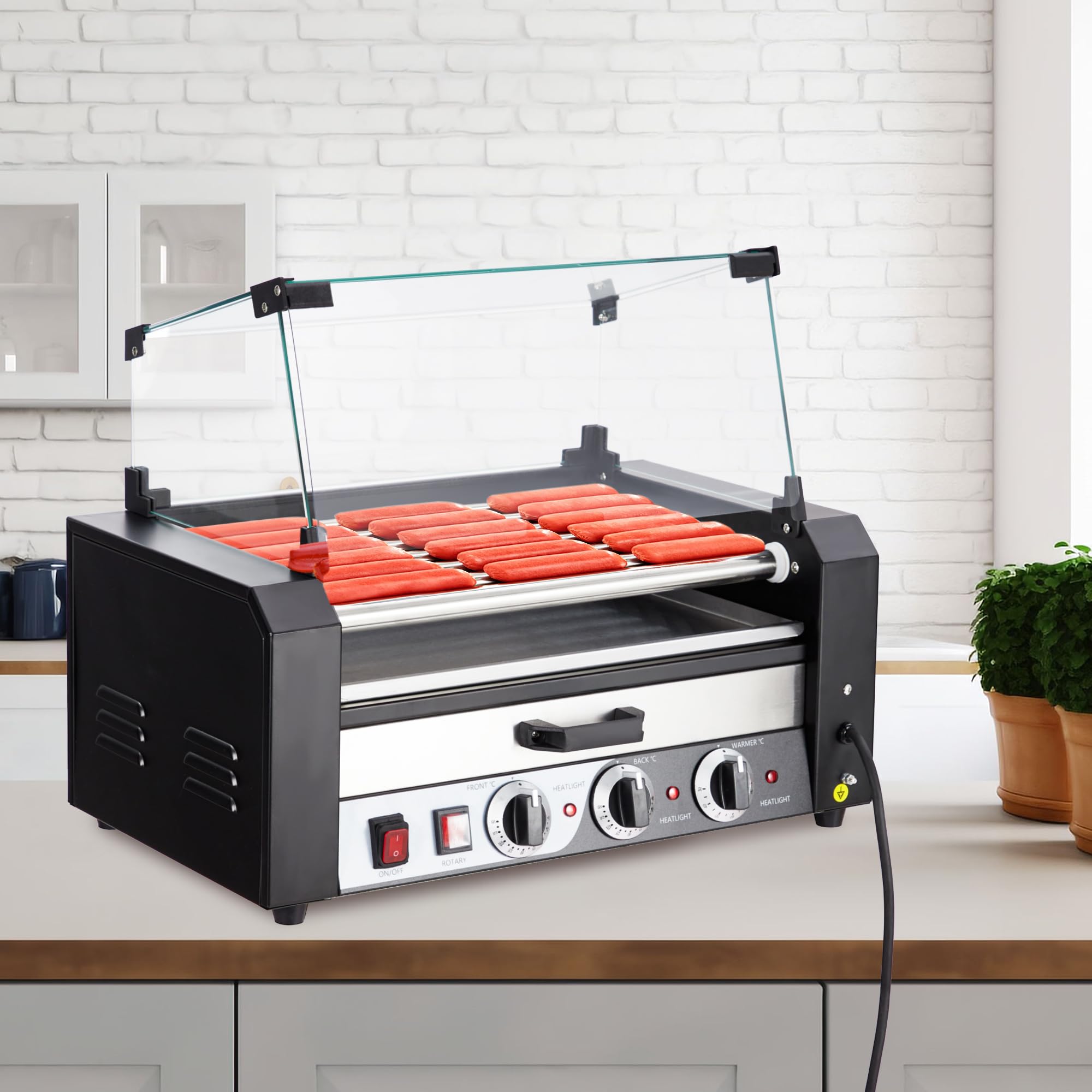 Commercial 7-Roller Hot Dog Machine | 18-Capacity Dual Temp Control (122°F-482°F) with Bun Warmer Drawer & Removable Glass Hood - 304 Stainless Steel Rollers for Food Trucks, Stadiums