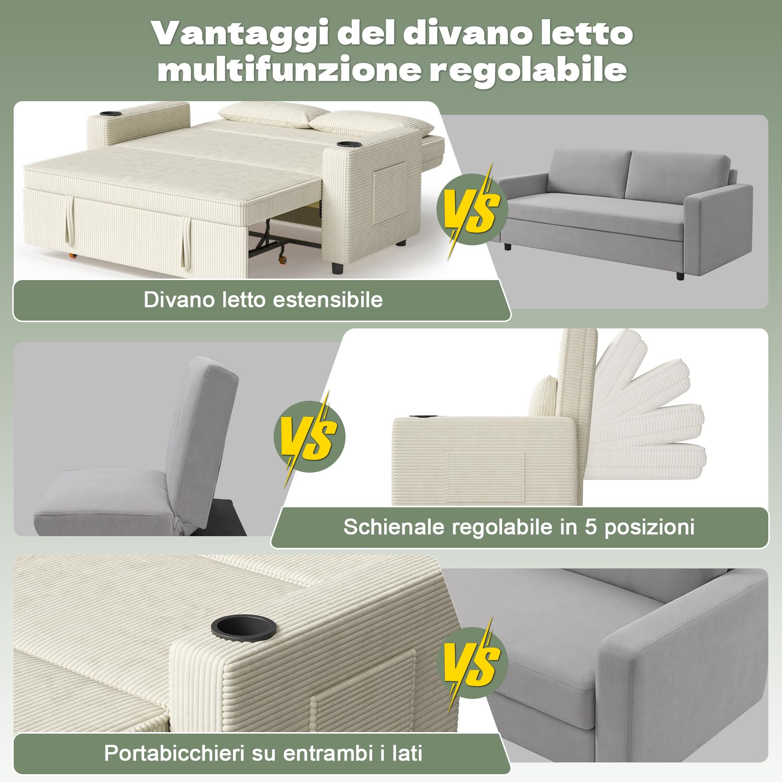 JUMMICO Divano Letto 2 Posti in Velluto Divano Matrimoniale Prontoletto Estraibile con Schienale Regolabile in 5 Posizioni per Soggiorno, Camera da Letto o Ufficio, 70P x 140L x 100H cm, Beige