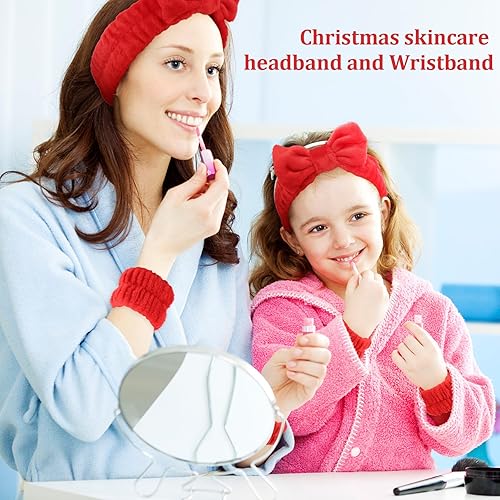 Miniatura 4 de WHAVEL Juego de 6 diademas y pulseras de spa rojas, diademas de lavado facial de Navidad, bandas para lavar la cara, maquillaje, cuidado de la piel,