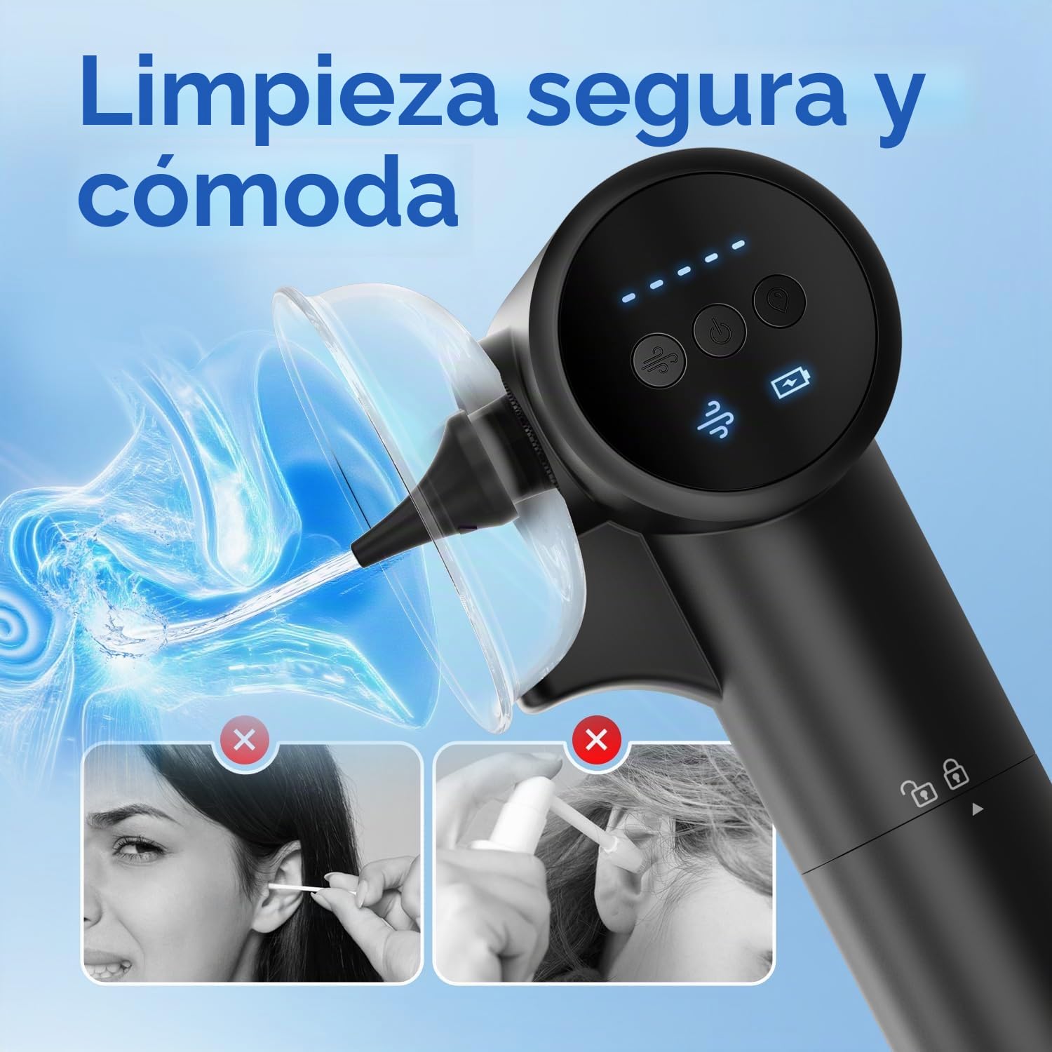 Limpiador de oídos con presión de agua – Kit de eliminación de cerumen eléctrico con sistema de alcantarillado