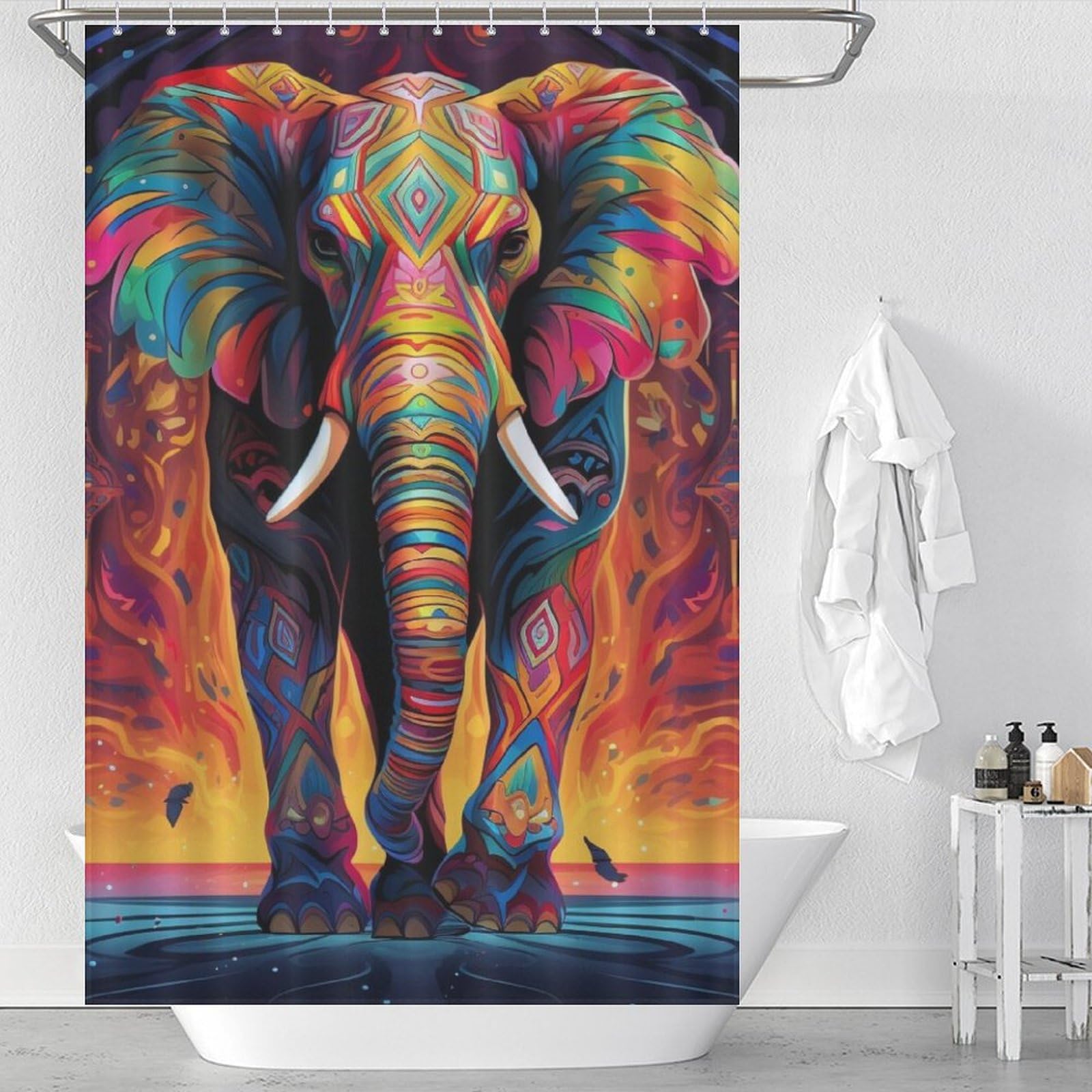 Rideau douche tissu anti-moisissure et lavable motif éléphant pour cabine de douche