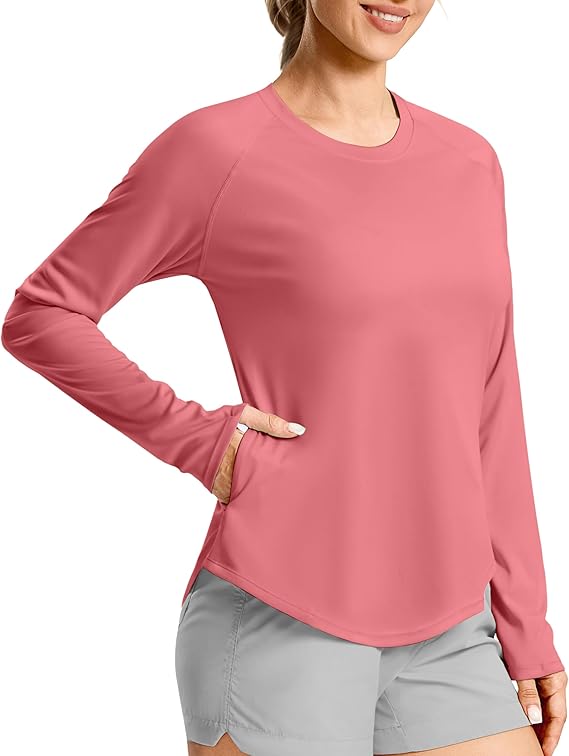 Women's UPF50+ Sun Protection Shirts with Zip Pocket Long Sleeve Workout Tops for Swimming Hiking Quick Dry Rash Guard