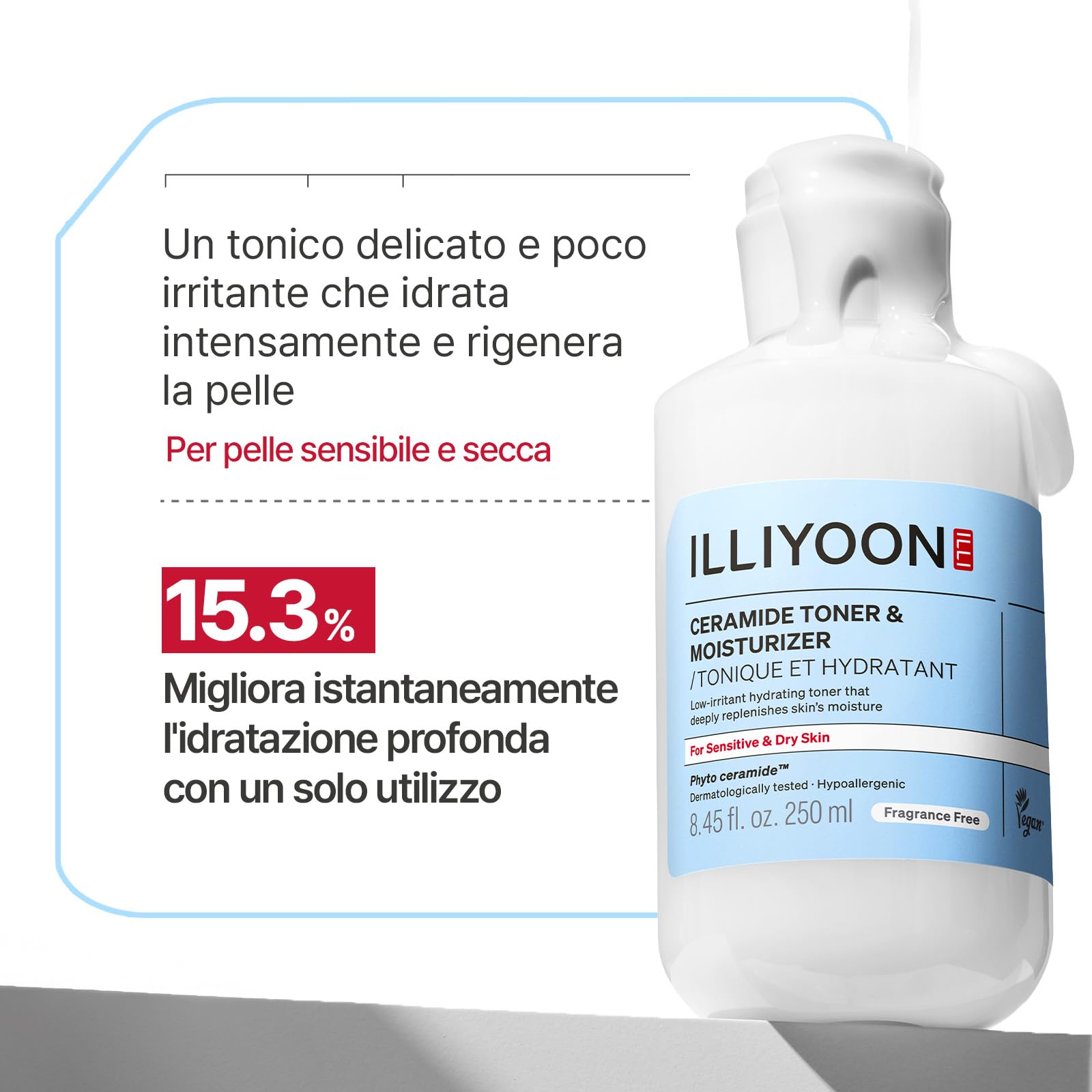 ILLIYOON Ceramide Ato Tonico Viso Lattiginoso (250ml/ 8.45 Fl. Oz.), Essenza Leggera, Idratazione Profonda 2-in-1 e Rinforzo Barriera, Pelle Secca Sensibile, Delicato e Senza Profumo, Skincare Coreana