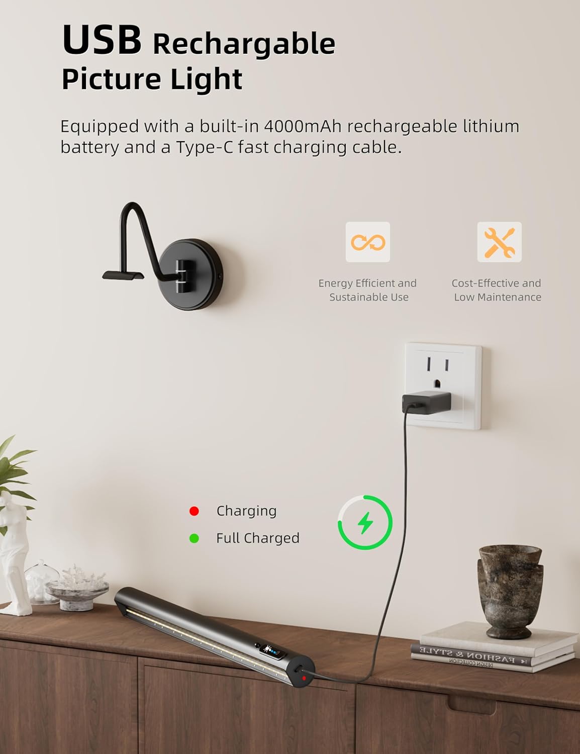 VOLISUN Picture Lights for Wall, 15.7'' Rechargeable Picture Light Battery Operated, 3 Color Temps Cordless Picture Light with Remote, Magnetic Art Light for Painting, Gallery, Portrait, 2 Pack(Black) Black 2 PACK