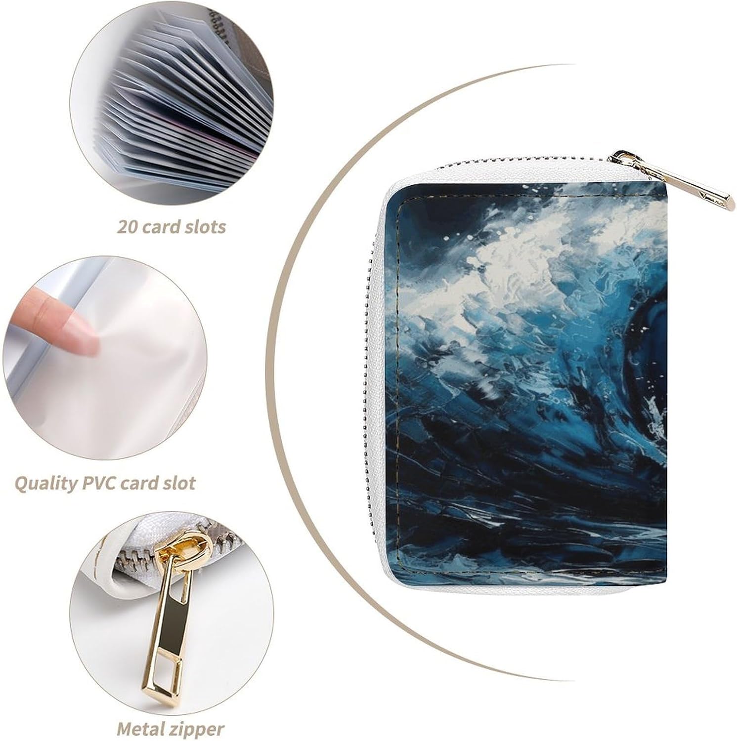 Blue Wave Painting Card Holder RFID Blocking,Credit Card Wallet for Women And Men,Card Case Organizer Bag with Zipper
