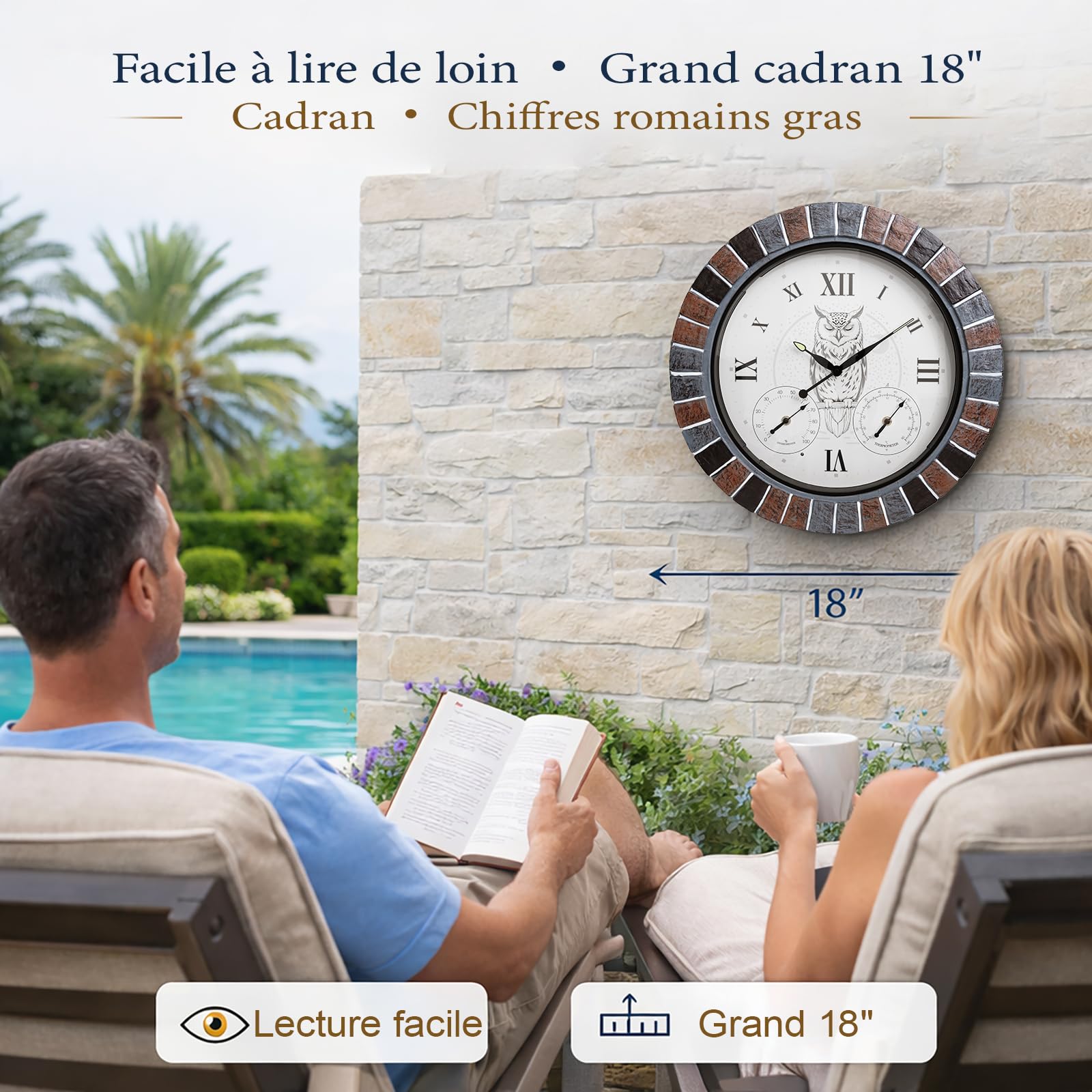 Horloge murale exterieure etanche 45 cm avec thermomètre et hygromètre, illuminée avec lumière nocturne intelligente, grande horloge silencieuse à piles pour jardin, patio, piscine et véranda