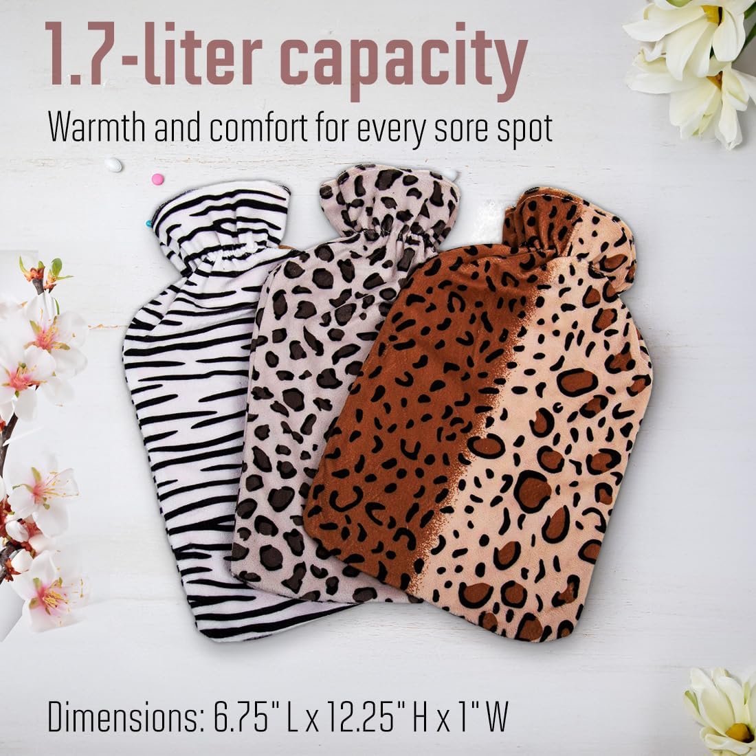 Bodico Hot Water Bottle with Cover, Rubber Heating Pad for Period Cramp Relief, Muscle Pain Relief, and More, Hot Water Bag for Fall Winter Season, Cute Leopard Print, 1.7 L