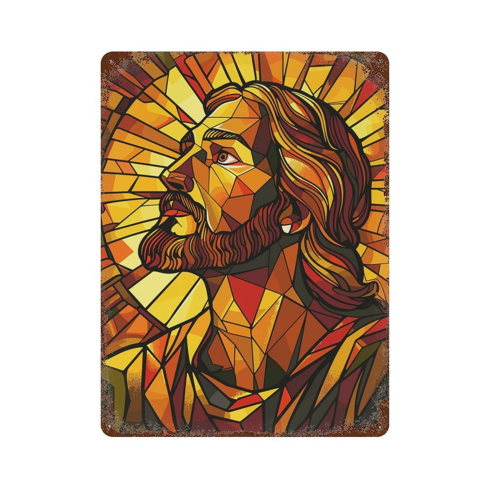Garage Style Stained Glass Jesus Aged Metal Wall Plaque 15.7"x11.8", Decorative Metal Wall Art for Bar And Workshop