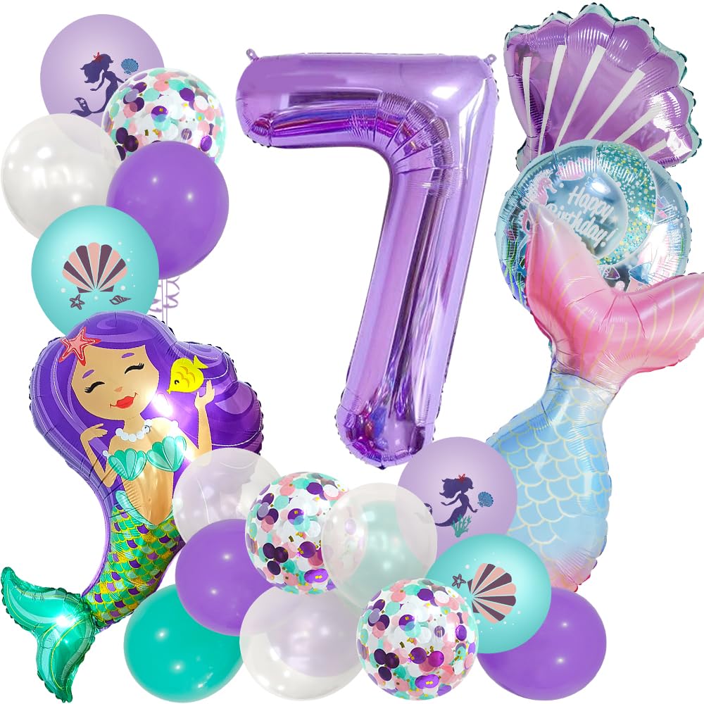 Mermaid Balloons Huge Number Printed Confetti Latex Marine Balloons for Mermaid 7th Birthday Party Decoration Supplies