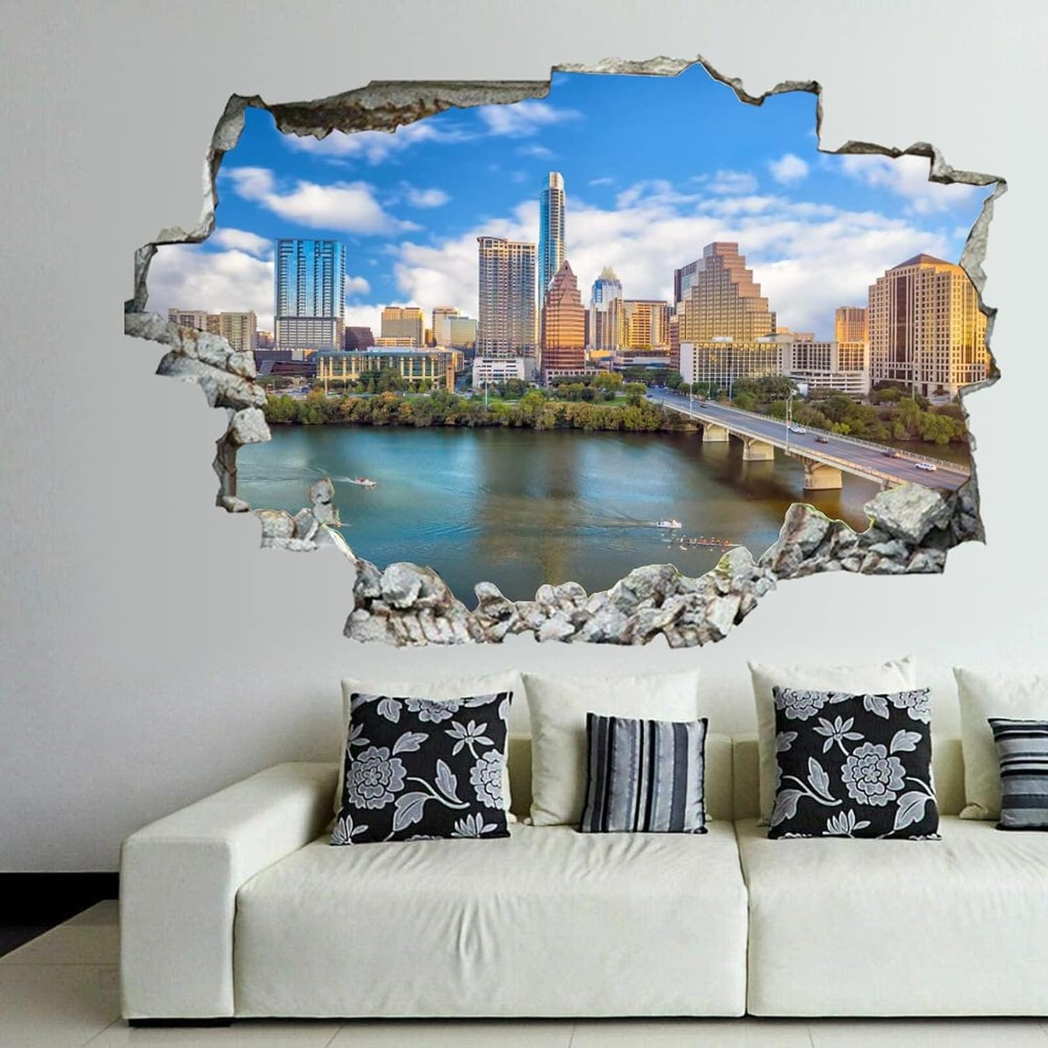 3D Broken Wall Stickers Stickers Downtown Skyline, Texas, USA 36 x 24 Inch Removable Wall Decal, Peel and Stick Landscape Wall Decor for Bedroom Living Room, Mural Art for Kids Boys Girls Gift