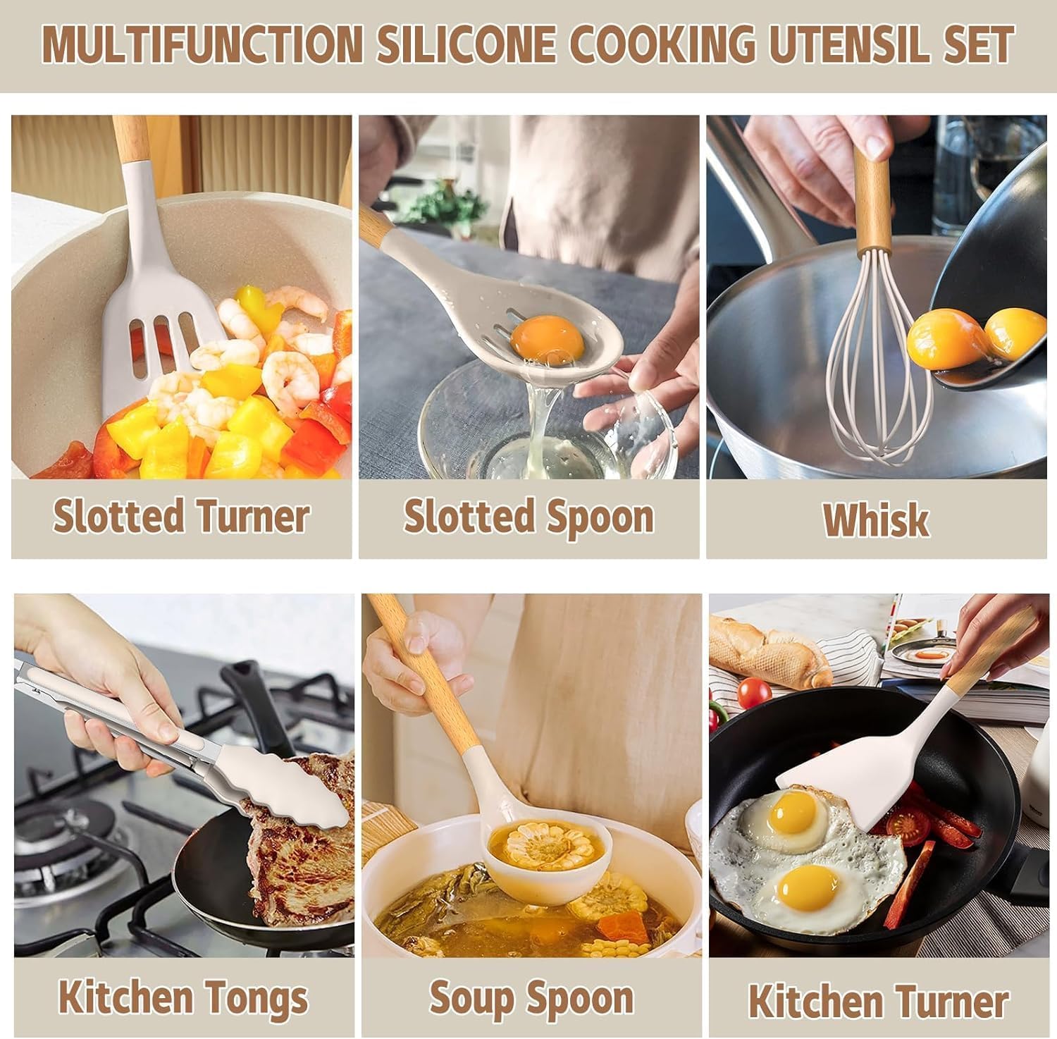 Kochutensilien-Set - Umite Chef khakifarbenes Silikon-Küchenutensilien-Set, 34-teiliges hitzebeständiges Küchenhelfer-Set mit Reibe, Holzgriff, Küchenhelfer-Set für antihaftbeschichtetes Kochgeschirr