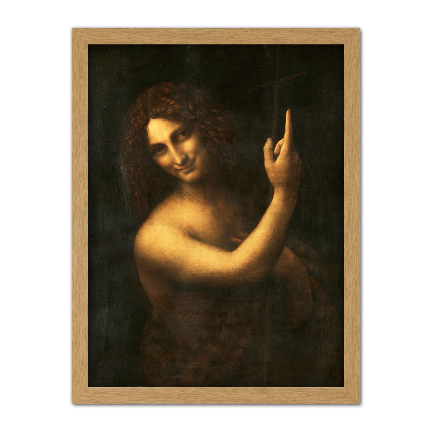 Leonardo Da Vinci Saint John The Baptist Print - Artery8 - Large Framed Wall Art - W18" x H24" - Light Oak Frame