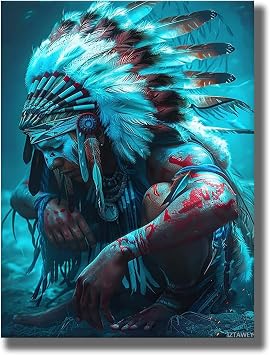 Indian Chief Poster, Native American Wall Art, Abstract Feather Headdress Painting, Indian Warrior Portrait Poster, Colorful Wall Pictures Home Decor 12x16inch No Frame