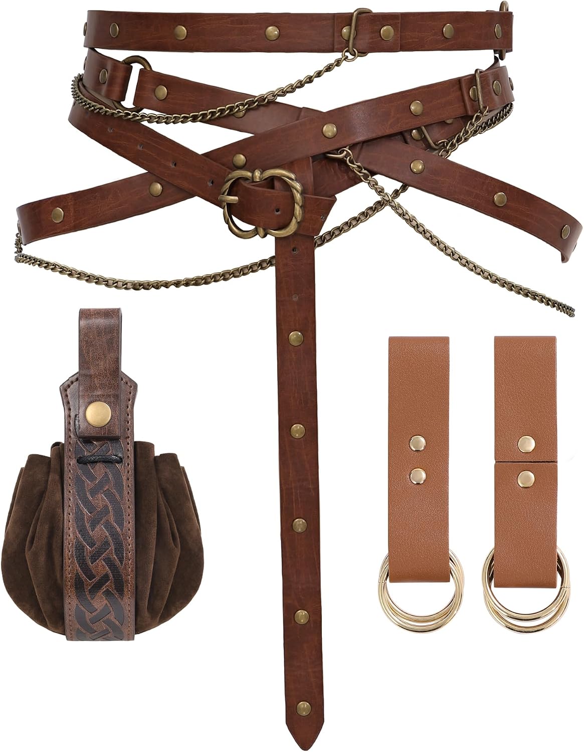 PROCOS 4Pcs Medieval Belt Pouch Set Faux Leather Metal Chain Belts Renaissance Pouch Skirt Hikes for Dresses