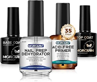Morovan Nail Dehydrator and Primer with Gel Base & Top Coat Set 4PCS Professional Fast Dry Acid Free Supplies Primer for Acrylic & Gel Nail Polish Gifts