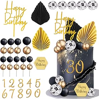 37Pcs Gold Black Balls Cake Topper Man Cake Decorations with Disco Balls...