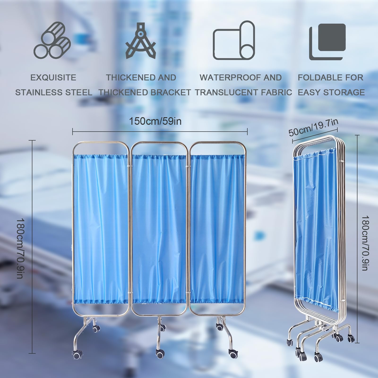 Schermo divisorio con Ruote per Clinica, reparto, Sala Visite, Ospedale - Divisorio Pieghevole per casa di Cura, Pronto Soccorso, Tenda per Sala di monitoraggio in Terapia intensiva