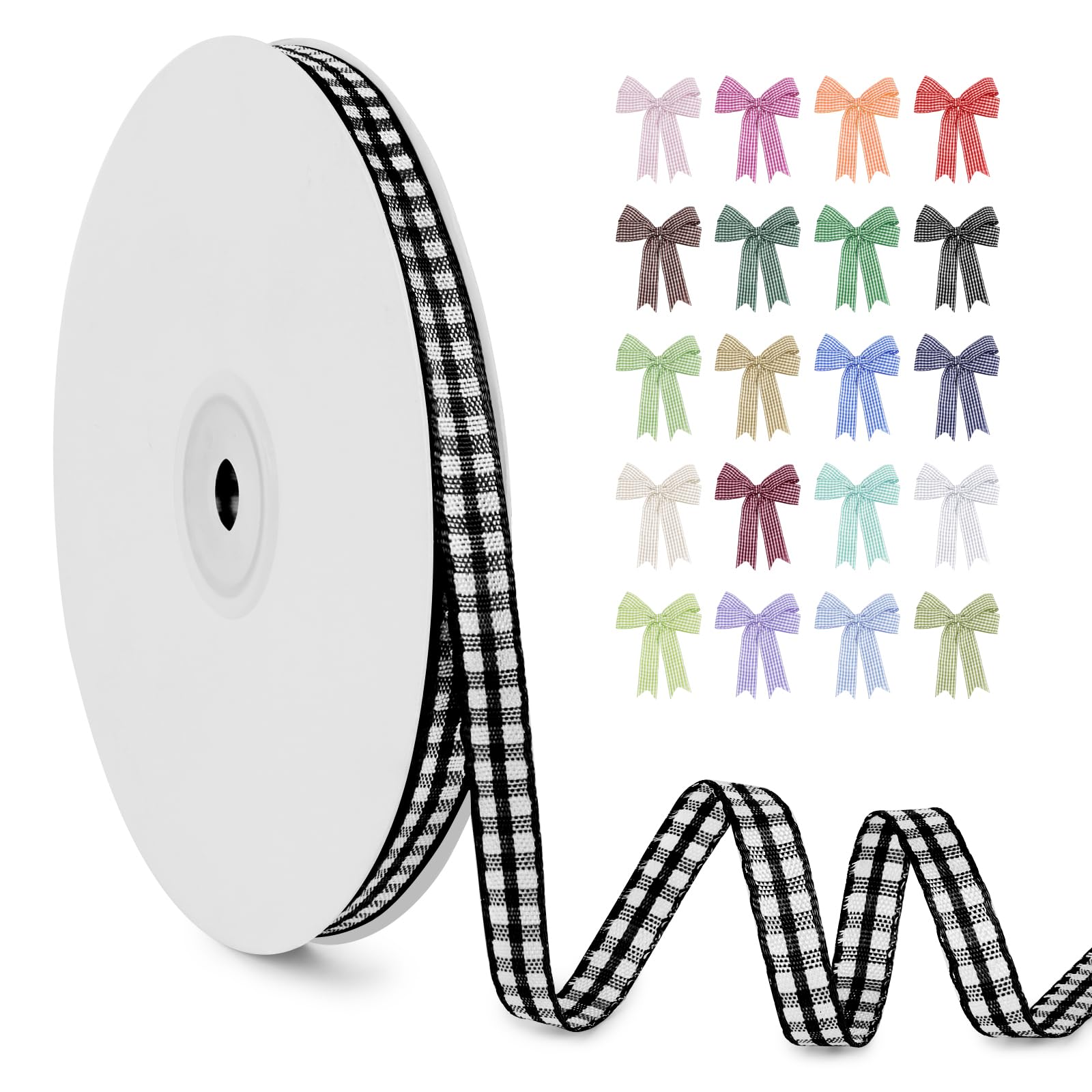 LEREATI Black Gingham Ribbon 1/4 Inch x 50 Yard Vintage Checkered Tartan Plaid Ribbon Polyester Cloth Fabric Woven Edge, Party Supplies for Presents