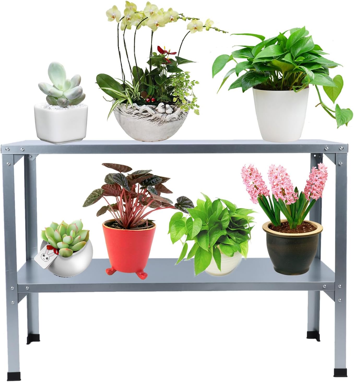 FLEXMAN Metal Potting Bench, Two Layers Removable Outdoor Garden Potting Bench Table Galvanized Iron Outdoor Gardening Work Benches for Potted Plants, Gloves