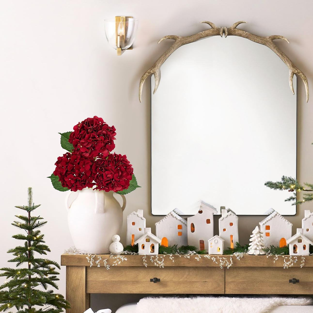 Hollyone 3Pcs Christmas Red Hydrangea Artificial Flowers 6inch Burgundy Hydrangeas Glitter Faux Hydrangea Flowers with Stems Fake Flower Arrangements Bouquets Floral Wedding Xmas Home Decor Small