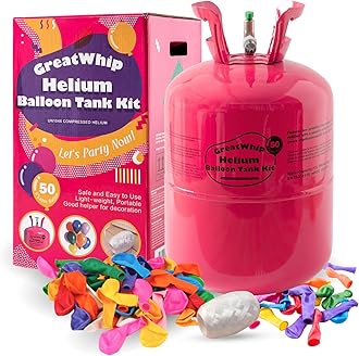 GreatWhip 13L Helium Tank Up To 50 Latex Balloons, Helium Tank For Balloons At Home, 50 Latex Balloons And Ribbons Included.