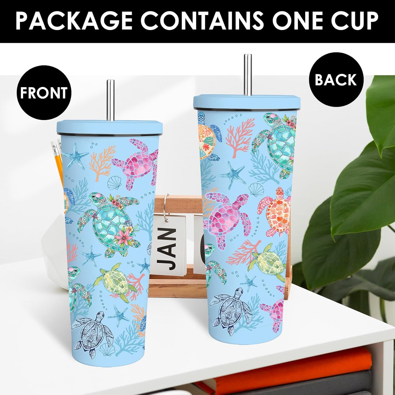 Turtle Tumbler 24oz, Classic Blue Sea Turtles Themed Gifts for Women Girls Turtles Lovers on Birthday Christmas Summer, Travel Stainless Steel Coffee Cup Double Wall Vacuum Insulated Mug - Image 4
