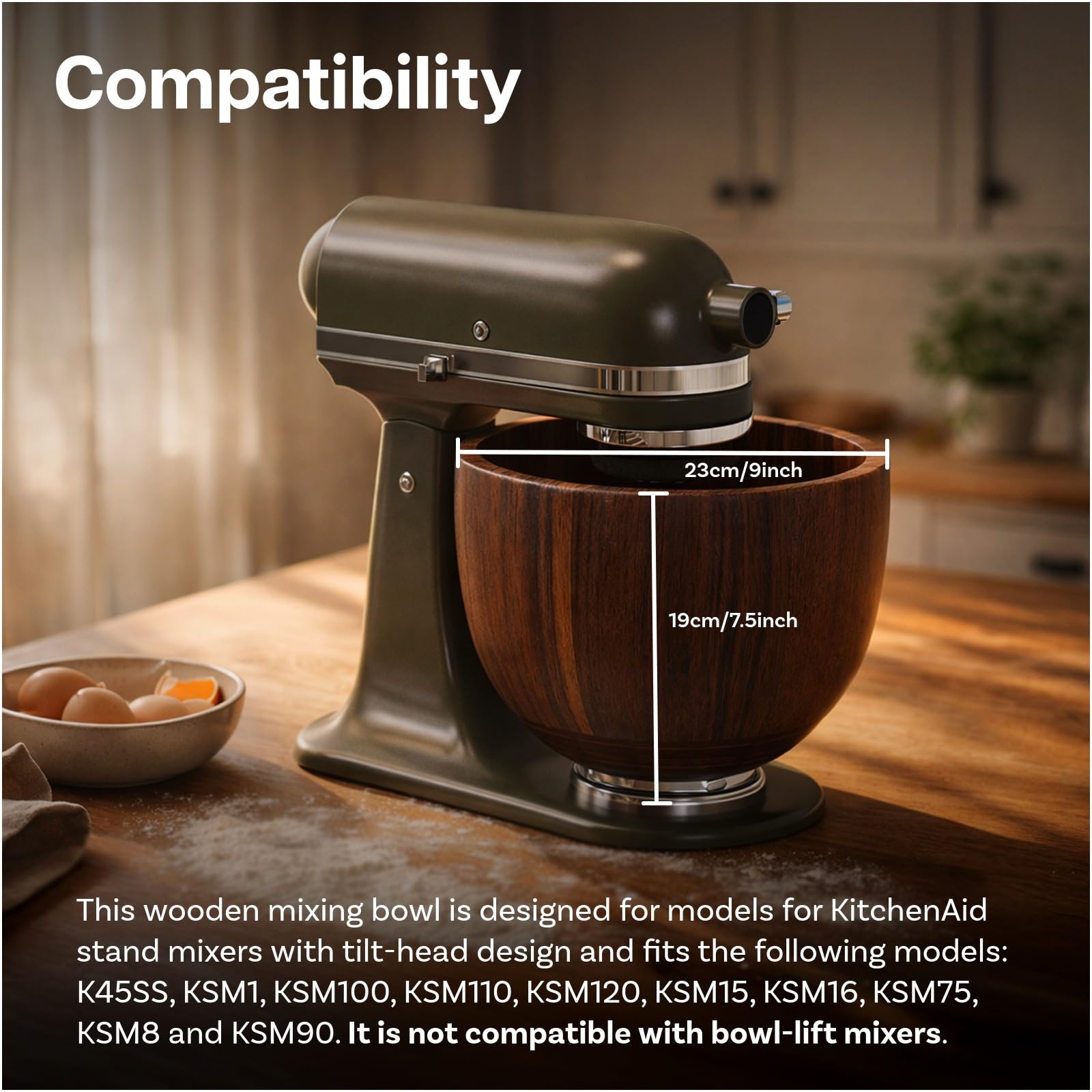 Drewniana Miska do Mieszania do KitchenAid 4,5-5 Quart Miksery Stojące z Uchylną Głowicą od MMOBIEL – Miska z Naturalnego Drewna Akacjowego z Podstawą ze Stal Nierdz. 5QT – Dekoracyjna i Funkcjonalna