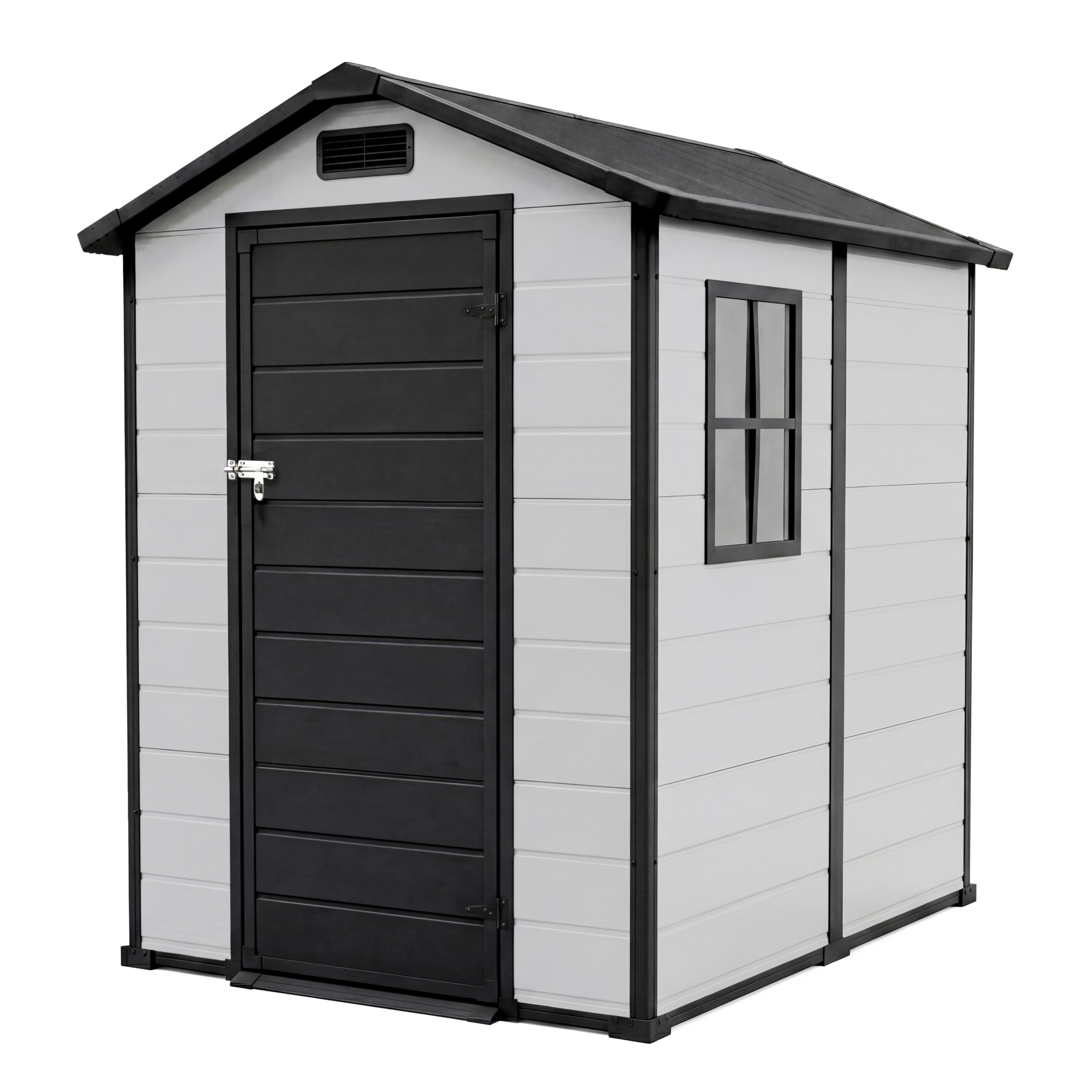 Photo 1 of Outdoor Storage Shed with Floor, Plastic Resin Garden Shed with Window & Sloping Roof & Lockable Door for Patio Backyard Garden, Lawn Mower, Bike, Tool Storage (Grayish White + Black, 4' x 6')