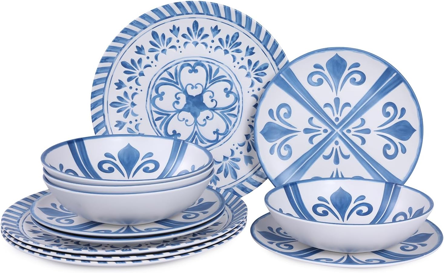 Melamine Dinnerware Sets for 4, 12-Piece Plates and Bowls Sets - 4 Dinner Plates, 4 Salad Plates, 4 Cereal Bowls - Shatterproof & Lightweight for Indoor/Outdoor Dining, Embossed Textures