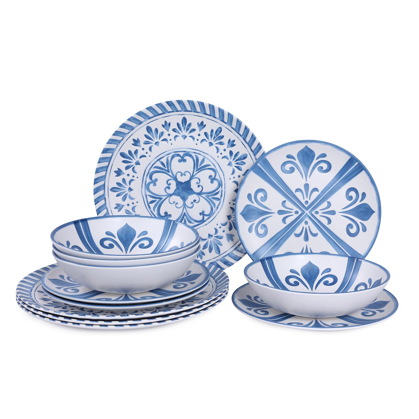 Yinshine Melamine Dinnerware Sets for 4, 12-Piece Plates and Bowls Sets,Blue Floral Embossed Design Dish Set for Indoor/Outdoor Use, Durable&Lightweight,Blue
