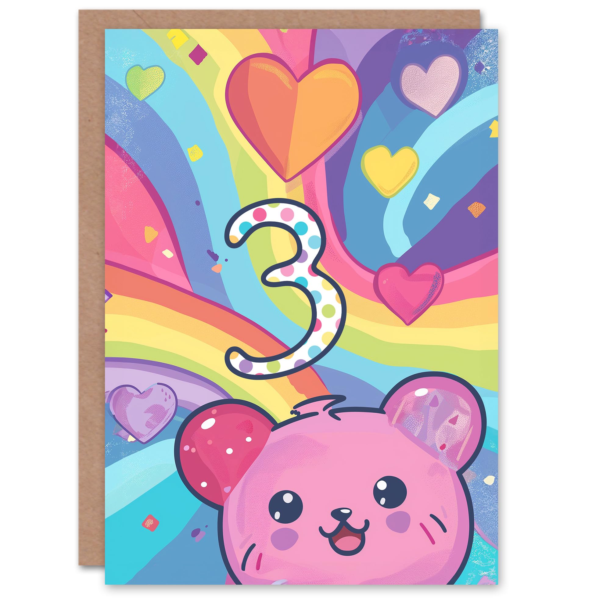 Artery8 Birthday Card Hamster Bear Rainbow Kawaii Cartoon Cute 3rd 3 Year Old For Child Kids Son Daughter Greeting Card