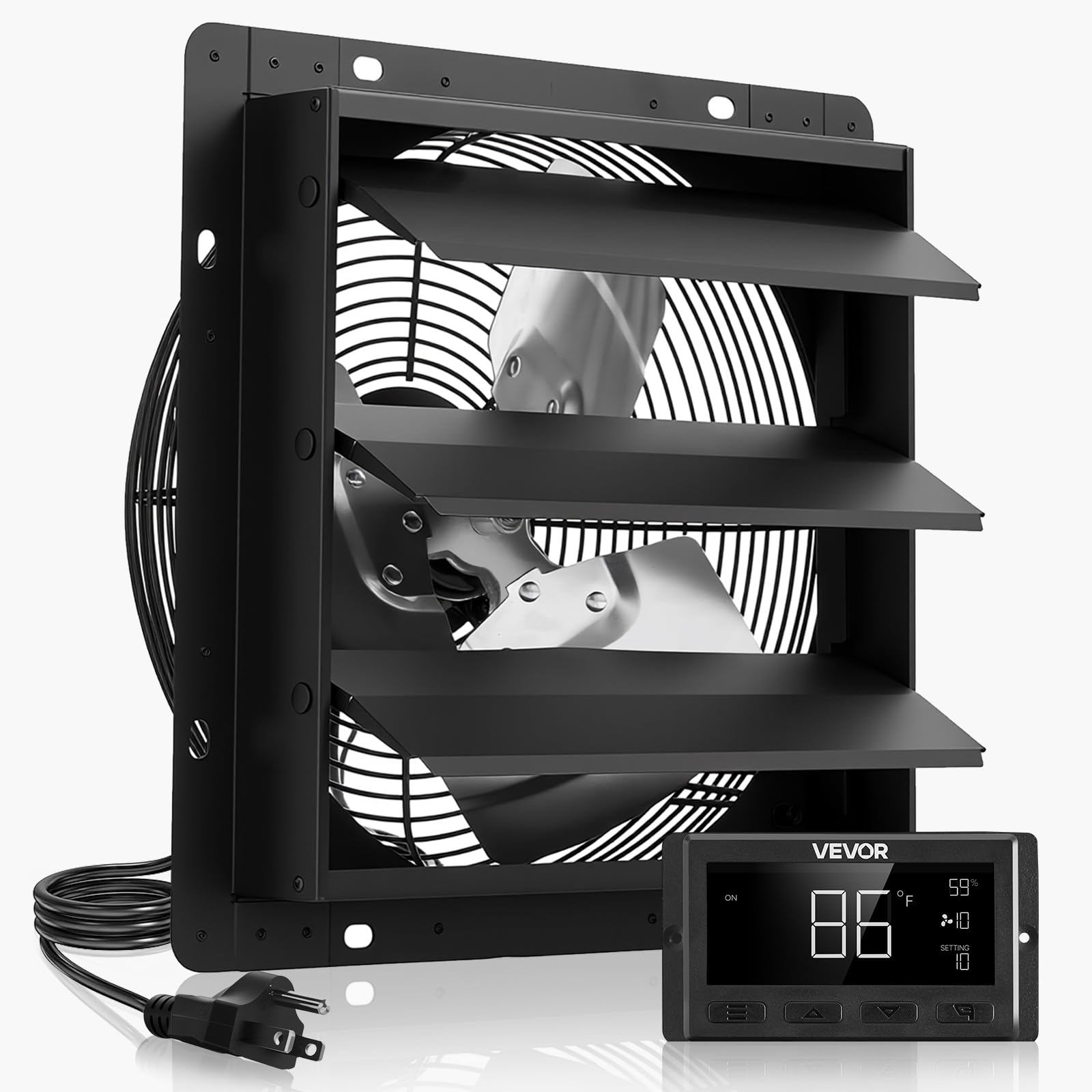 VEVOR 10 inch Shutter Exhaust Fan, Wall Mounted Attic Vent Fan with Smart Programming Variable Speed Temperature Control, 1000 CFM,EC Motor,Timer, for Shed,Garage,Greenhouse Ventilation Cooling,Black