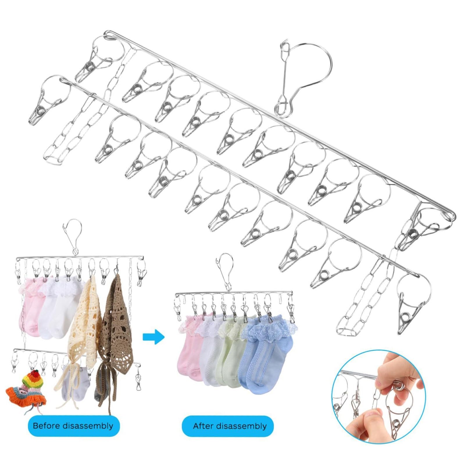 Grucce appendiabiti pieghevoli in acciaio inox con clip multiple, un ottimo strumento per asciugare calze, biancheria intima, biancheria intima, per viaggi e uso domestico (20 clip)