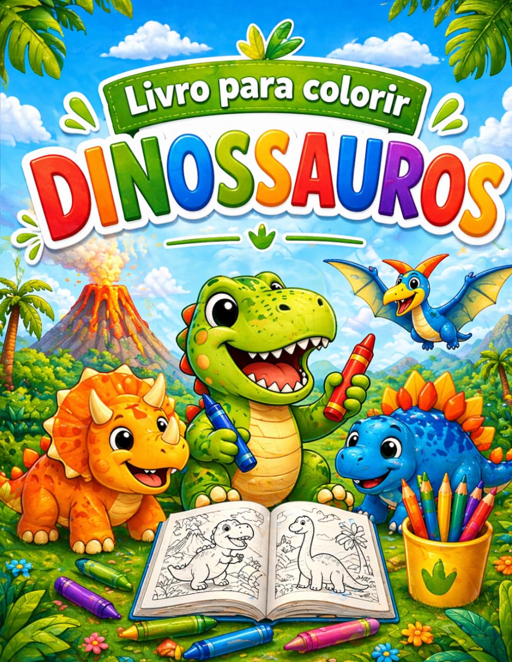 Livro para colorir - Mundo dos Dinossauros -25 páginas: Um livro incrível com dinossauros fofos e divertidos para estimular a criatividade das crianças
