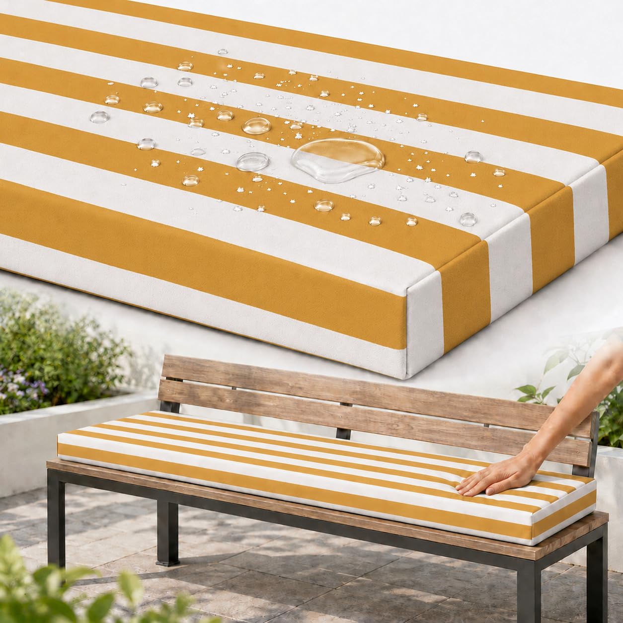 AZMAHT Bench Cushion Outdoor, Garden Bench Cushion with Waterproof Polyester Cover, 50D Foam, Non-Slip Base, 2 Ties, Removable Zip Cover for Patio, Bay Window, Garden Swing,Yellow Stripes,140x50x5cm โ image 1