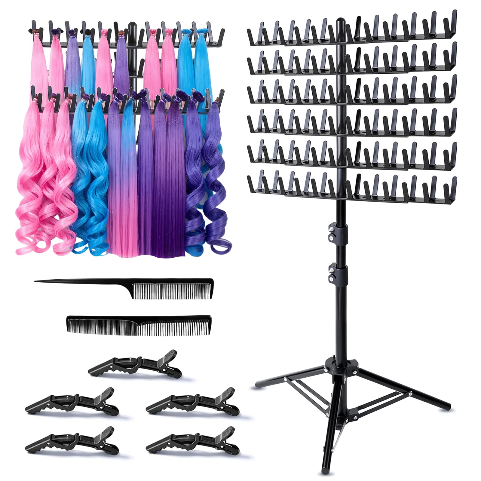 Ncoale Black Braiding Hair Rack, Hair Extension Holder With 144 Pegs Height Adjustable Braiding Rack Removable Wig Stand Head With Tools For Hairstylists And Home Traveling (Black)