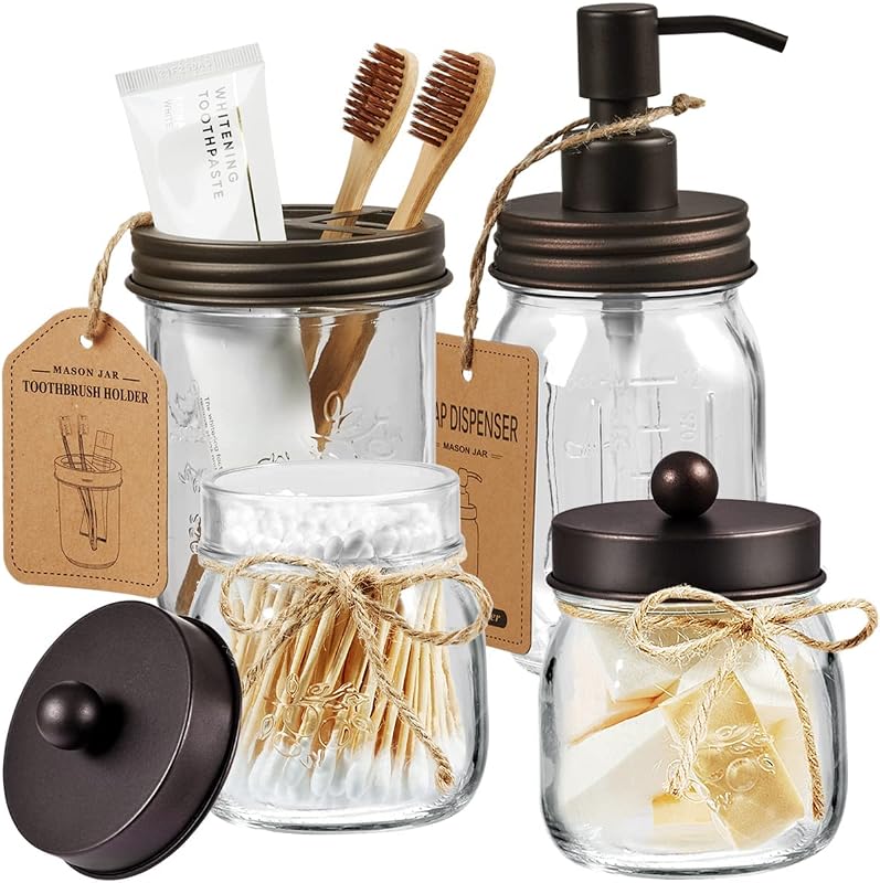 Amolliar Juego de accesorios de baño Mason Jar, juego de baño de vidrio de 4 piezas, bronce | Dispensador de jabón en loción, 2 soportes para hisopos de algodón, soporte para cepillos de dientes, decoración de baño rústica de granja, organizador de tocador de encimera