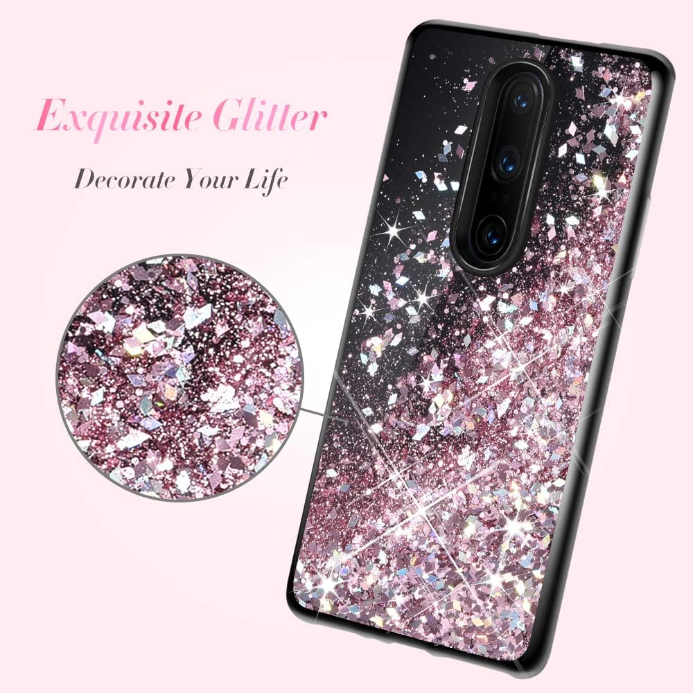 Caka Case Compatible for OnePlus 7 Pro, One Plus 7T Pro Glitter Case Bling Sparkle Flowing Quicksand Liquid for Women Girls Black Case Cover for OnePlus 7 Pro 7T Pro (Rose Gold)